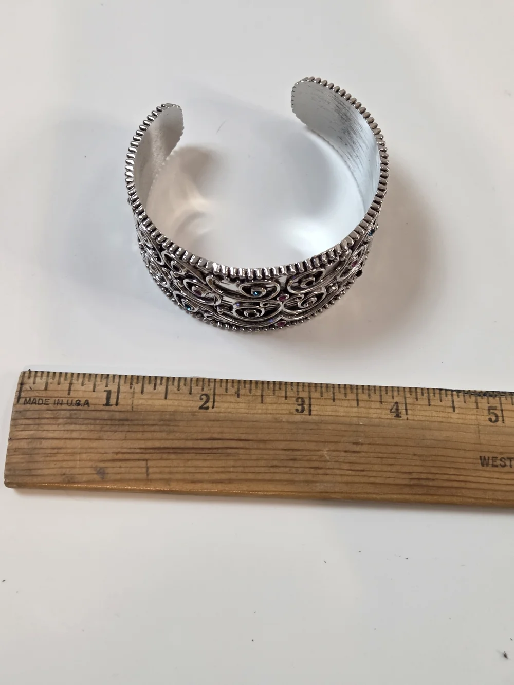 Silver Scrollwork Cuff Bracelet with Blue and Pink Stones